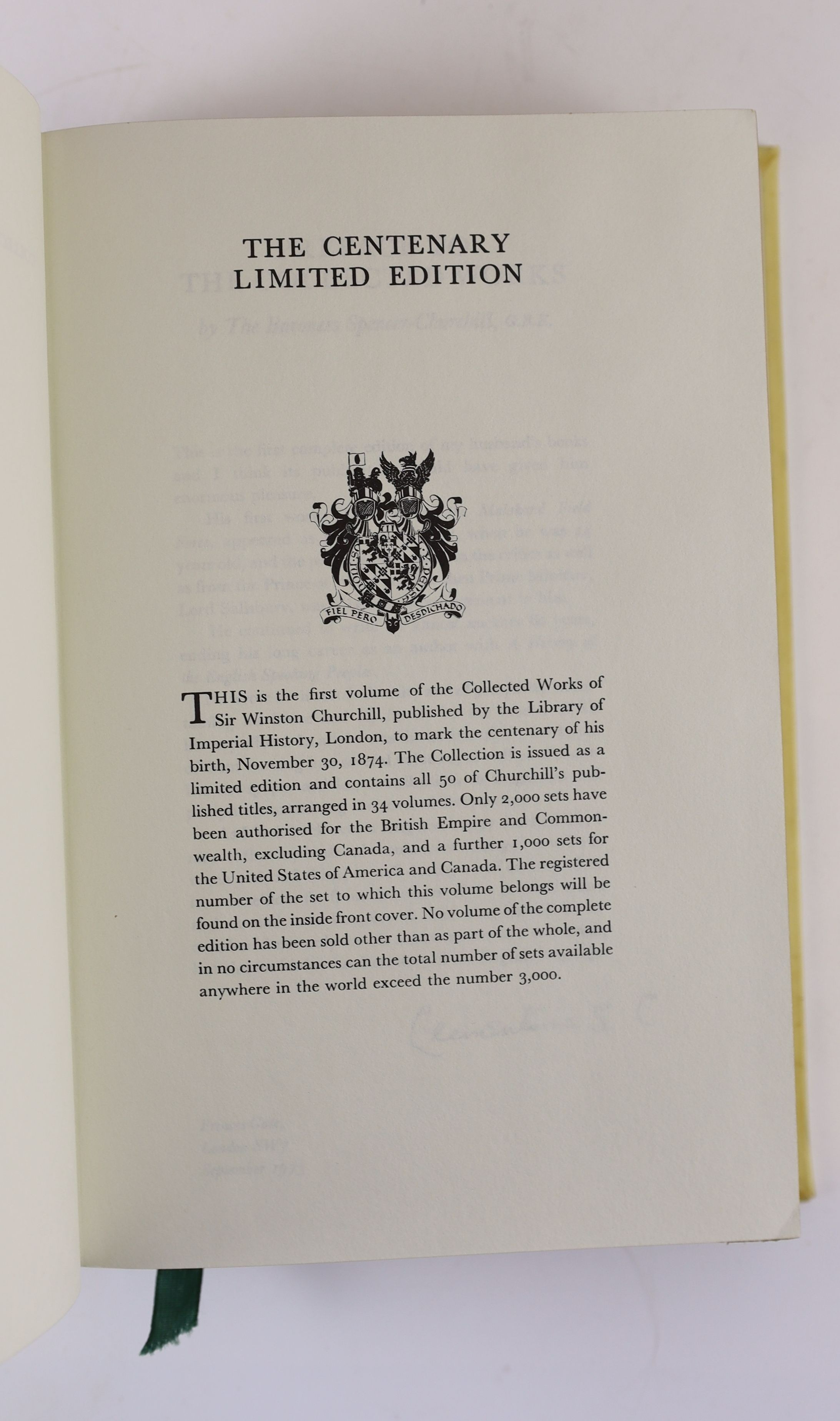 Churchill, Winston Spencer (1874-1965). The Collected Works ... Centenary Edition. London: Library of Imperial History, 1973-1975. Limited edition, number 373. The centenary edition was to be published with a limitation